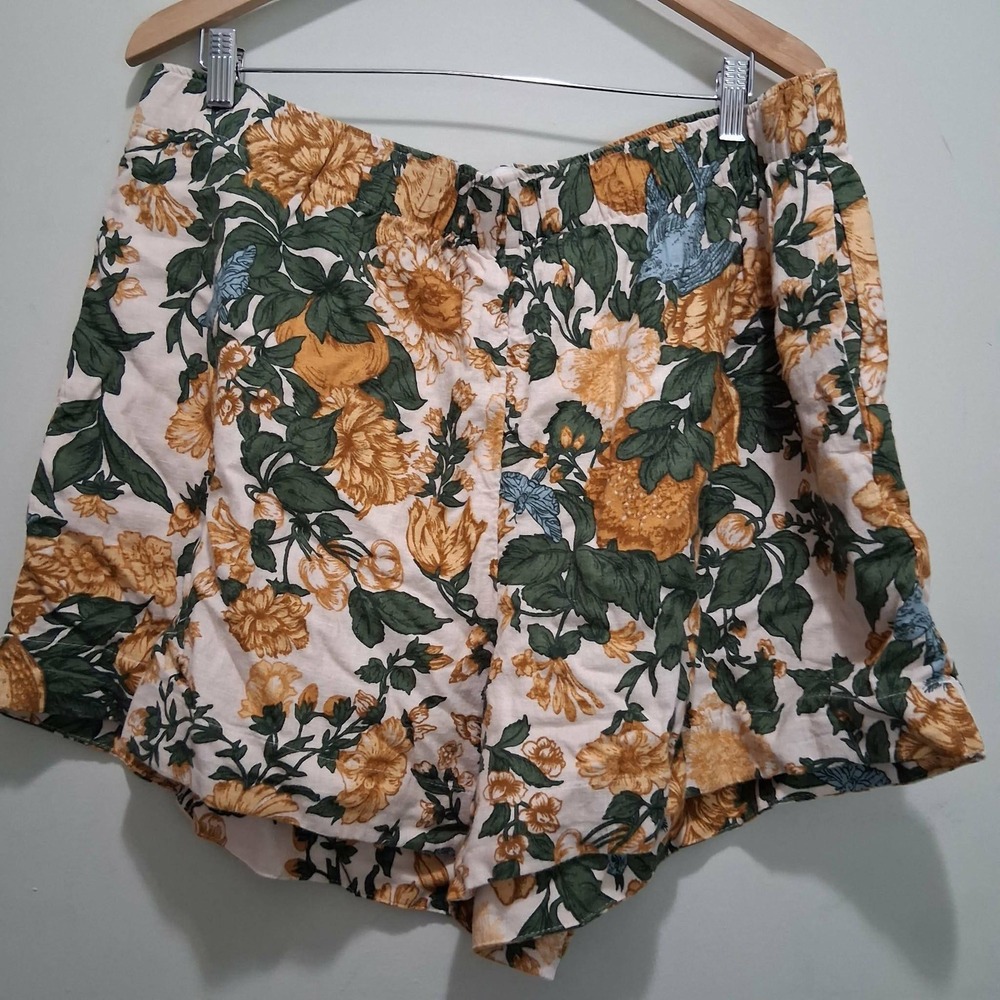 Abercrombie & Fitch Floral Bird Print Linen Blend Pull On Shorts XL Cream Yellow